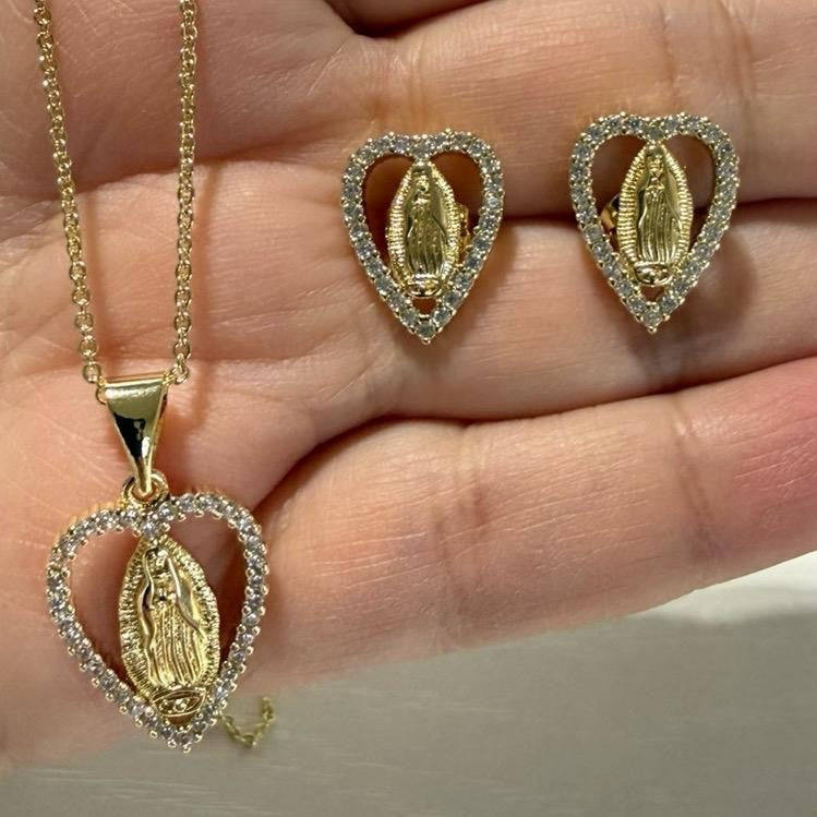 Virgin Mary Earrings with Chain 17" and Pendant Gold-plated
Tone Religious Jewelry for Women Elegant Heart Design.