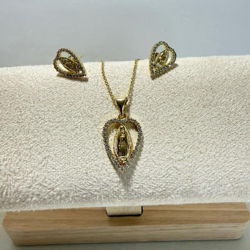 Virgin Mary Earrings with Chain 17" and Pendant Gold-plated
Tone Religious Jewelry for Women Elegant Heart Design.
