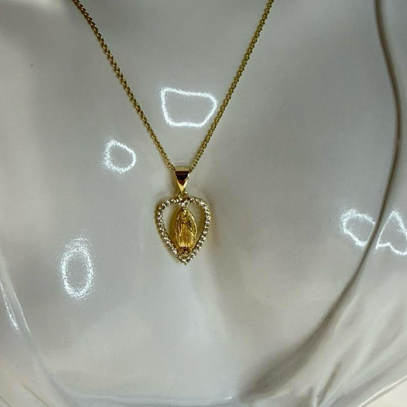 Virgin Mary Earrings with Chain 17" and Pendant Gold-plated
Tone Religious Jewelry for Women Elegant Heart Design.