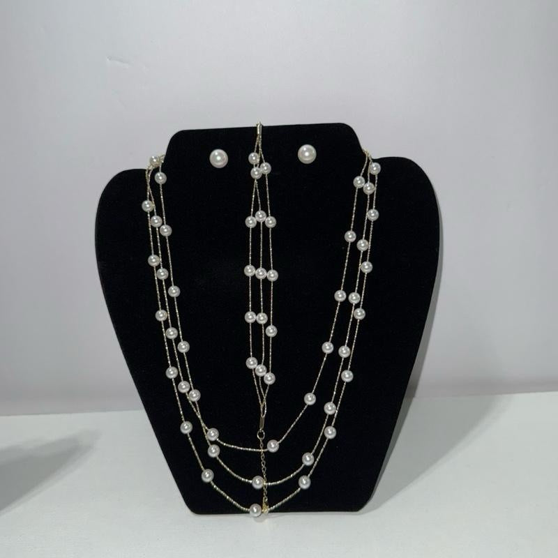Elegant Imitation Pearl Set - Pulsera Bracelet, Cadena Chain, Aretes Earrings - Versatile Jewelry for Any Occasion.