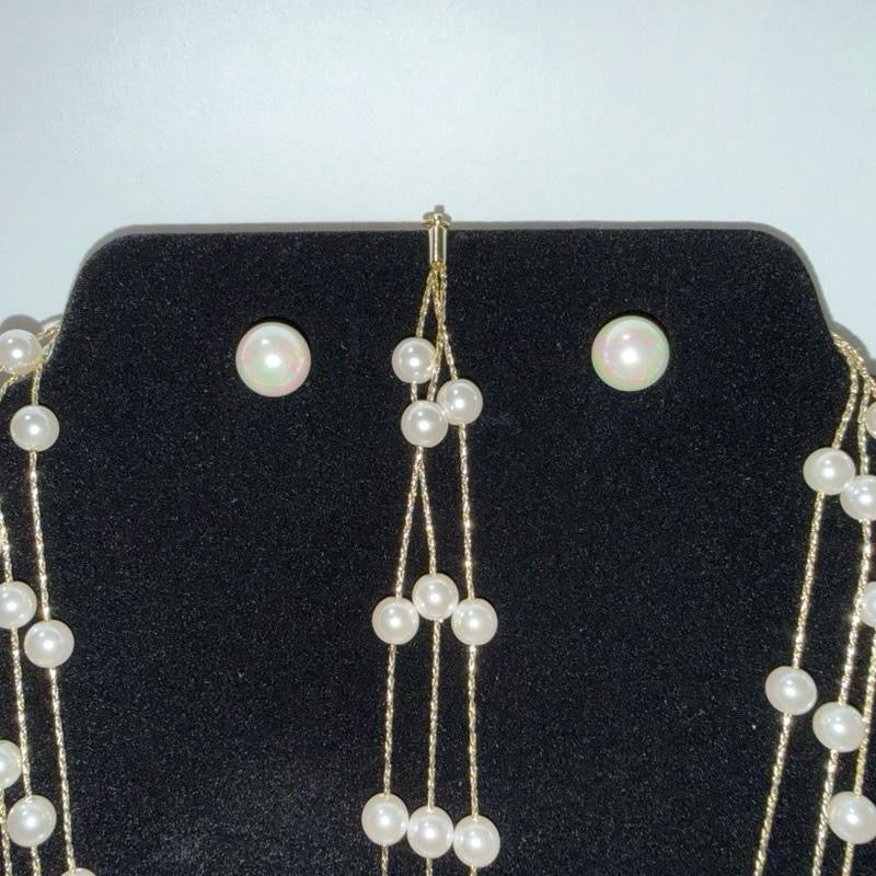 Elegant Imitation Pearl Set - Pulsera Bracelet, Cadena Chain, Aretes Earrings - Versatile Jewelry for Any Occasion.