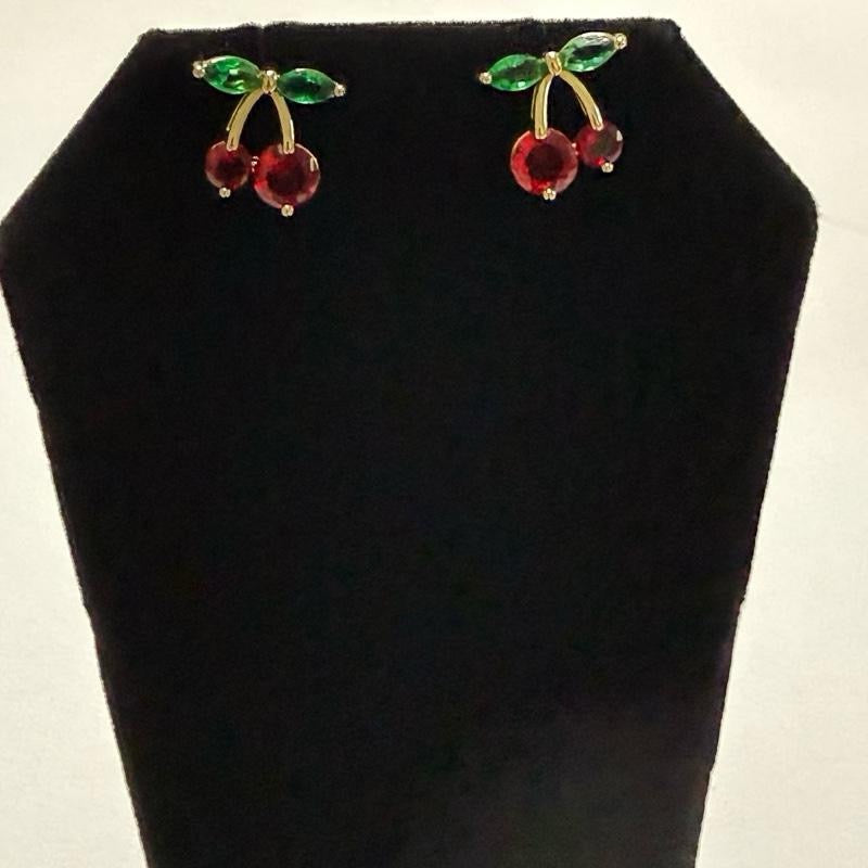 Cherries Earrings Oro Laminado  Day Use High-Quality Materials Red & Green Gemstone Earrings
