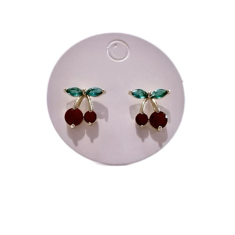 Cherries Earrings Oro Laminado  Day Use High-Quality Materials Red & Green Gemstone Earrings