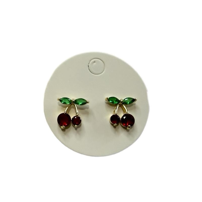 Cherries Earrings Oro Laminado  Day Use High-Quality Materials Red & Green Gemstone Earrings